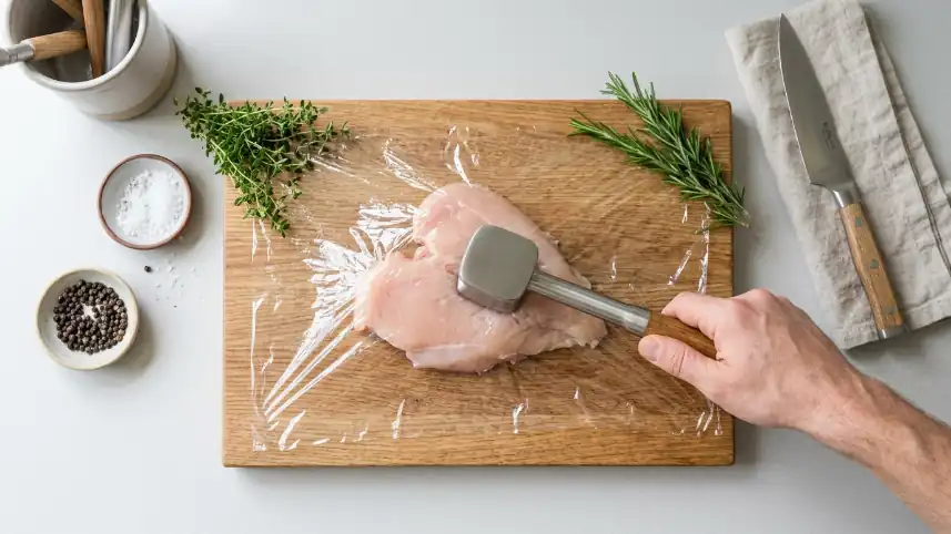 Corte en paillard: aplanando carne con mazo bajo film transparente