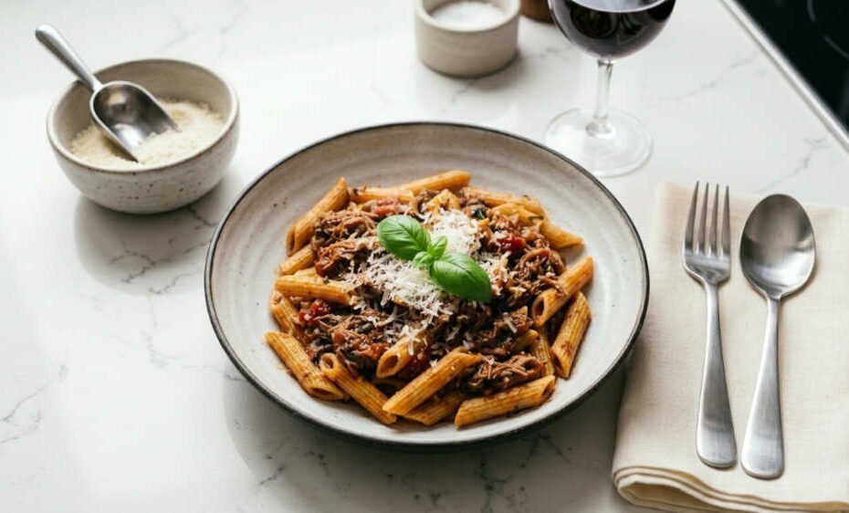 Ragú de cerdo casero servido sobre pasta con parmesano