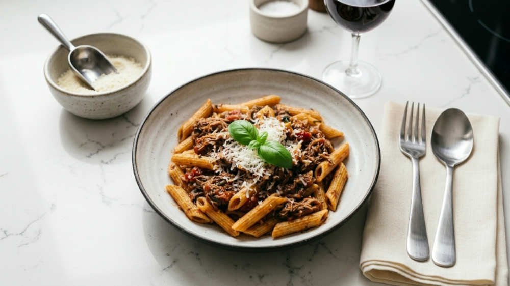 Ragú de cerdo casero servido sobre pasta con parmesano