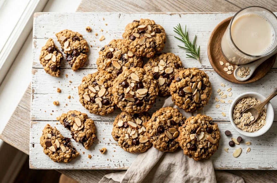 Galletas de avena saludables con chispas de chocolate y almendras sobre tabla de madera rústica