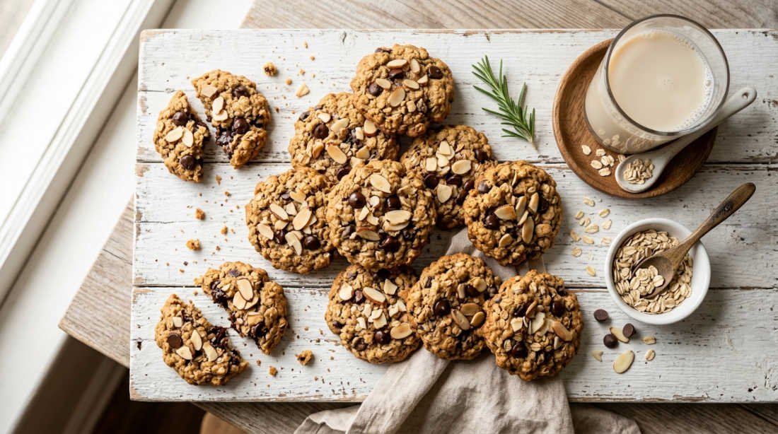 Galletas de avena saludables con chispas de chocolate y almendras sobre tabla de madera rústica