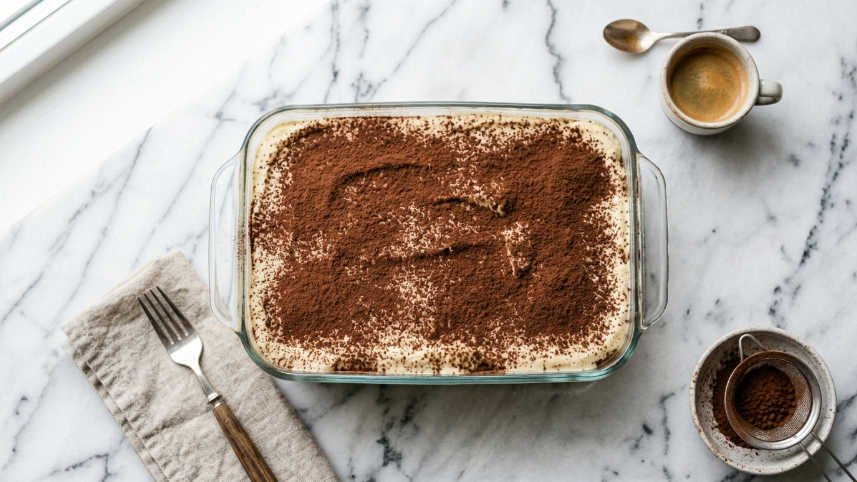 Receta de tiramisú casero con capas de bizcocho, crema de mascarpone y cacao