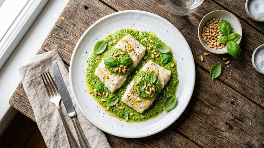 Pescado sudado en crema de pesto con filetes de mero y salsa verde brillante