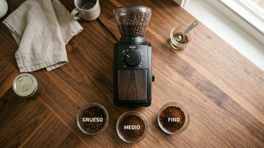 Cómo usar el molinillo de café: molinillo de café eléctrico mostrando los tres niveles de molido