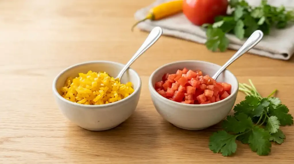 Brunoise de ají amarillo y tomate en bowls de cerámica limpios
