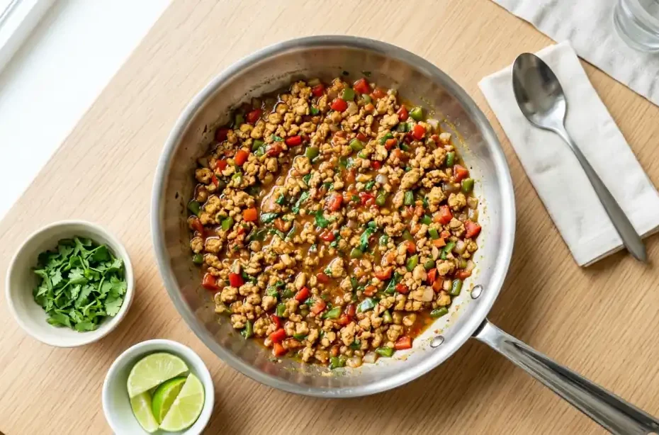 Carne de soya dorada en sartén de acero con pimiento, tomate y cilantro