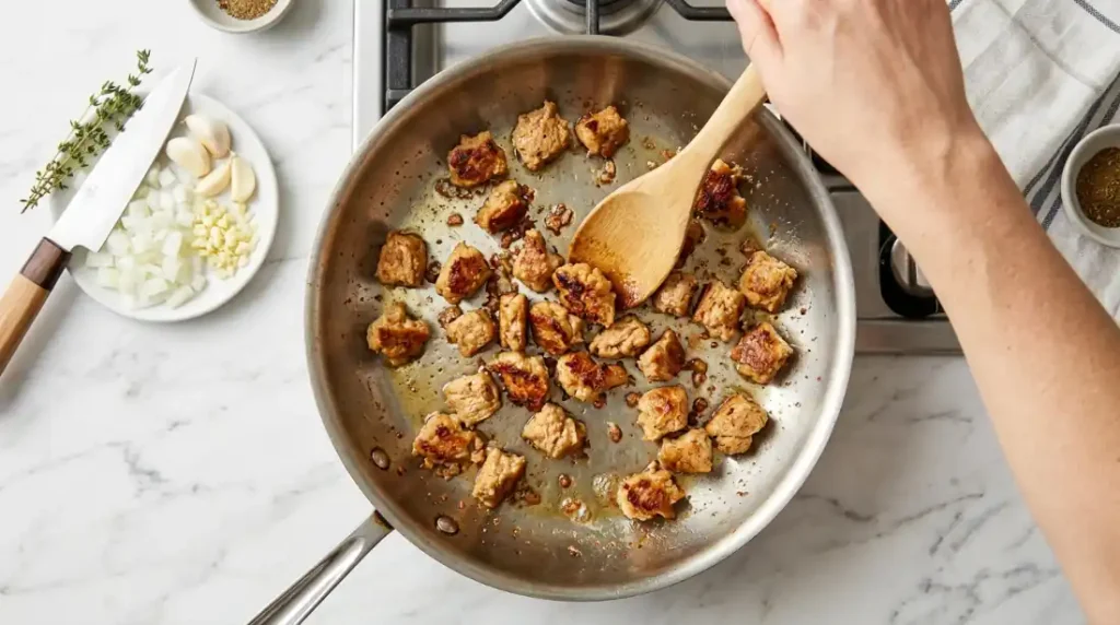 Cómo dorar carne de soya exprimida en una sartén bien caliente