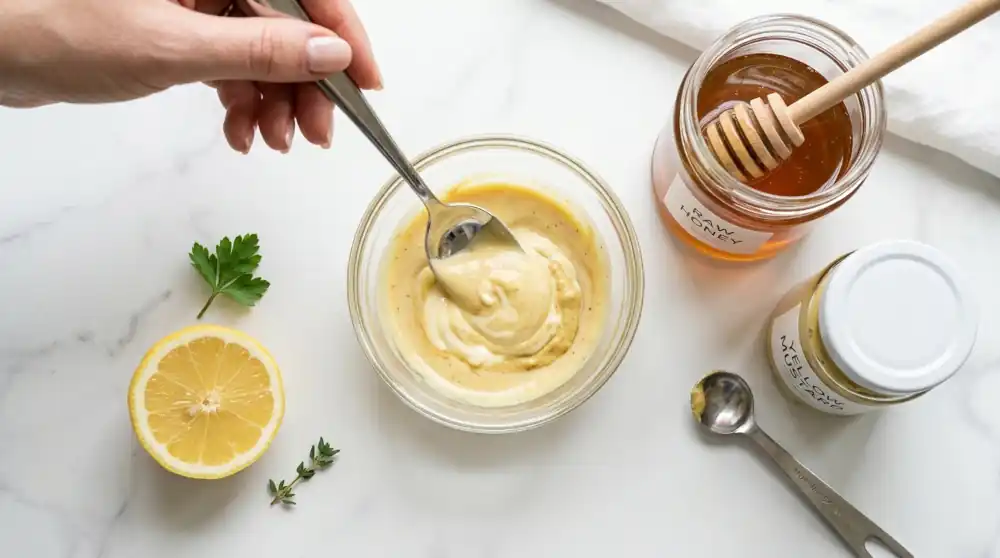 Aderezo de miel y mostaza para coleslaw mezclado con mayonesa