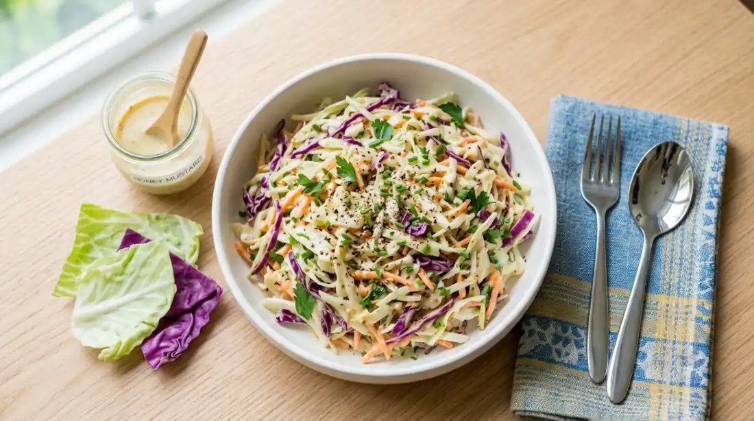 Coleslaw casero de col blanca y morada con zanahoria en bowl blanco