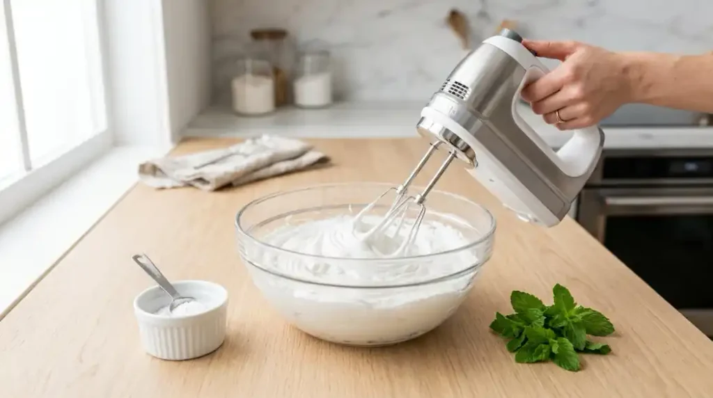 Batidora eléctrica preparando merengue con cremor tártaro añadido