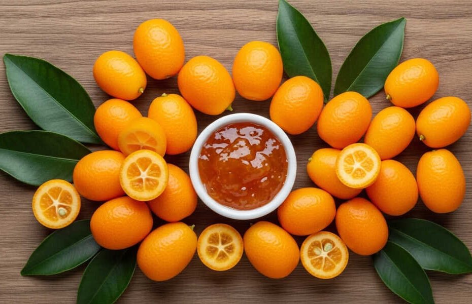 Naranjita china o kumquat fresca, entera y cortada a la mitad sobre superficie de madera