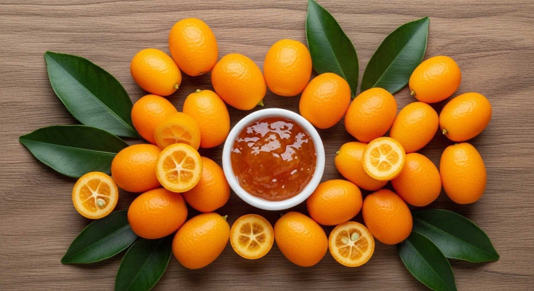 Naranjita china o kumquat fresca, entera y cortada a la mitad sobre superficie de madera