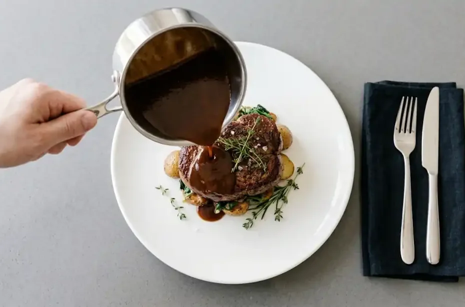 Demi-glace espesa y brillante servida sobre corte de carne