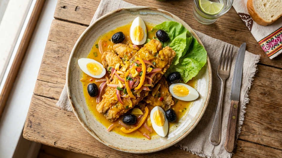Escabeche de pescado peruano con ají amarillo y cebolla