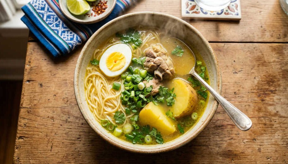 Caldo de gallina peruano servido en plato de cerámica