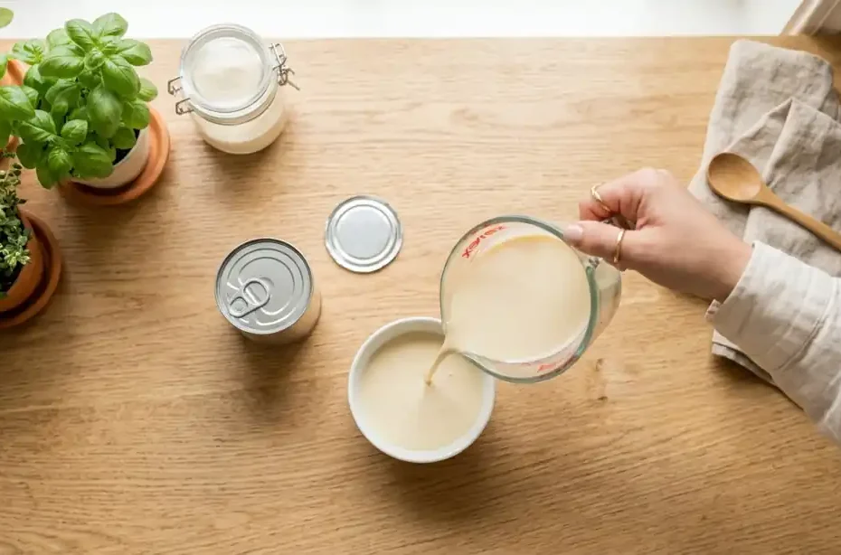 Leche evaporada sirviéndose en taza de vidrio sobre mesa de madera clara
