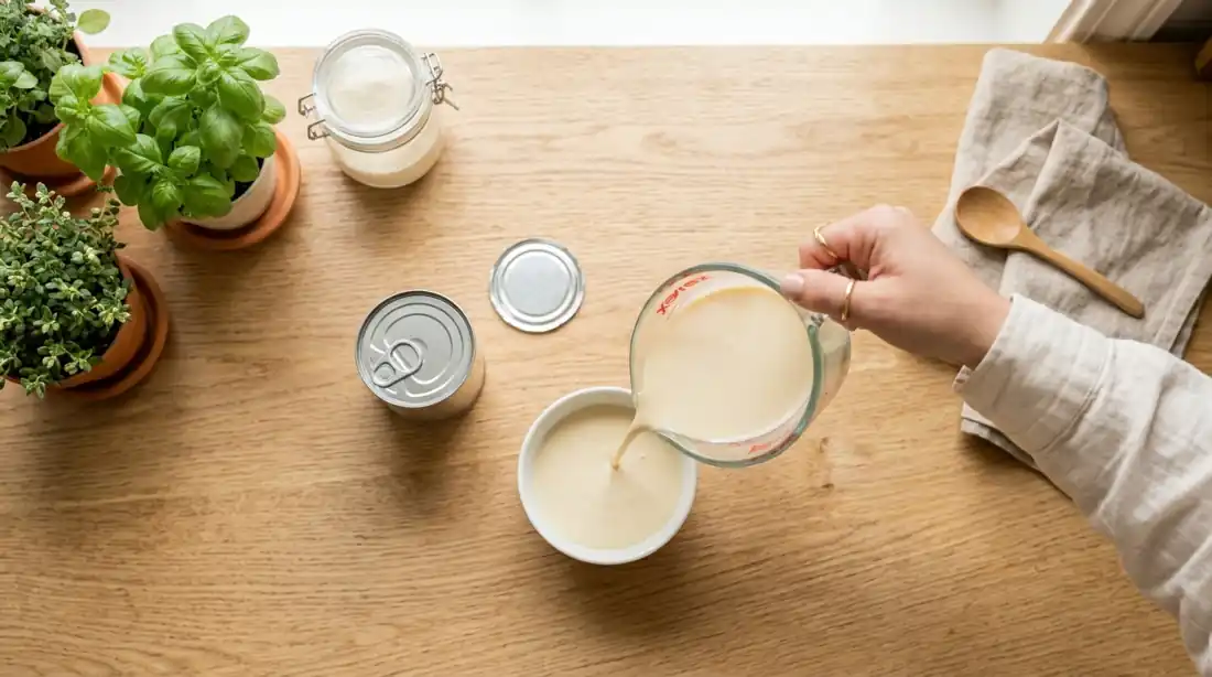 Leche evaporada sirviéndose en taza de vidrio sobre mesa de madera clara