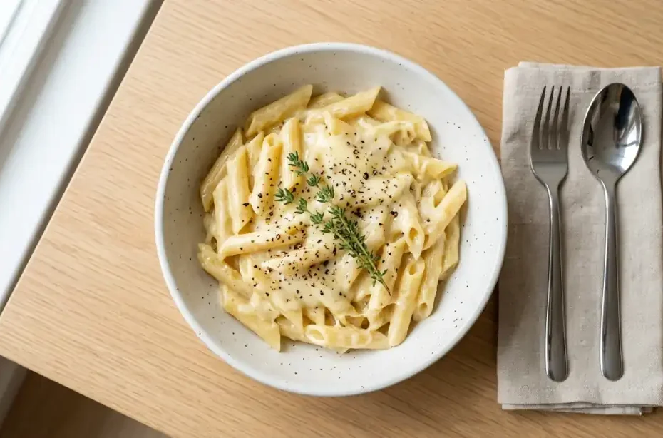 Pasta cremosa en salsa cuatro quesos recién preparada y humeante