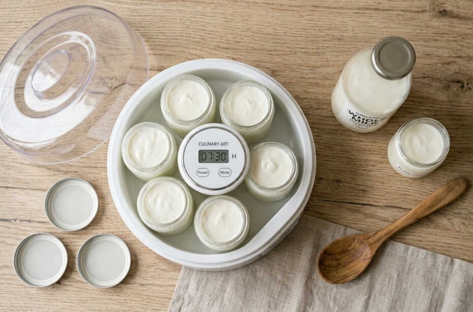 Yogurtera con tarros de vidrio llenos de yogurt casero recién hecho