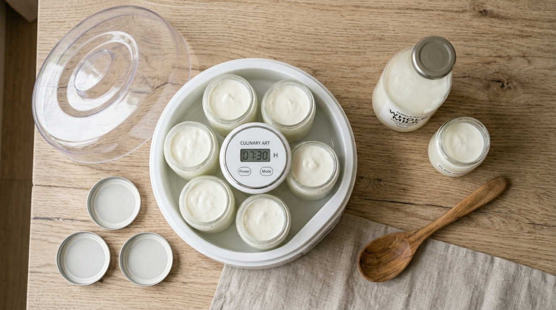 Yogurtera con tarros de vidrio llenos de yogurt casero recién hecho