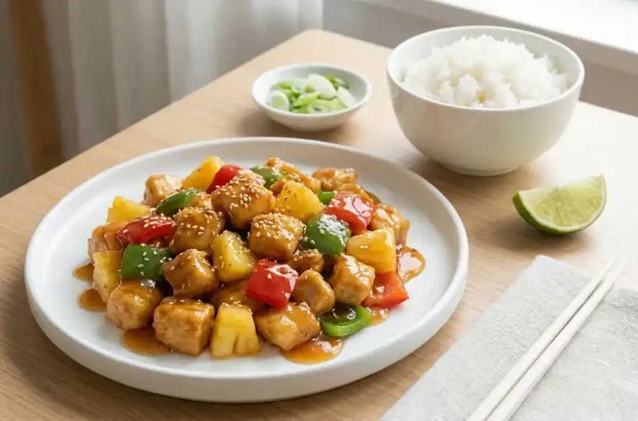 Pollo a la cantonesa con piña y pimientos servido con arroz blanco