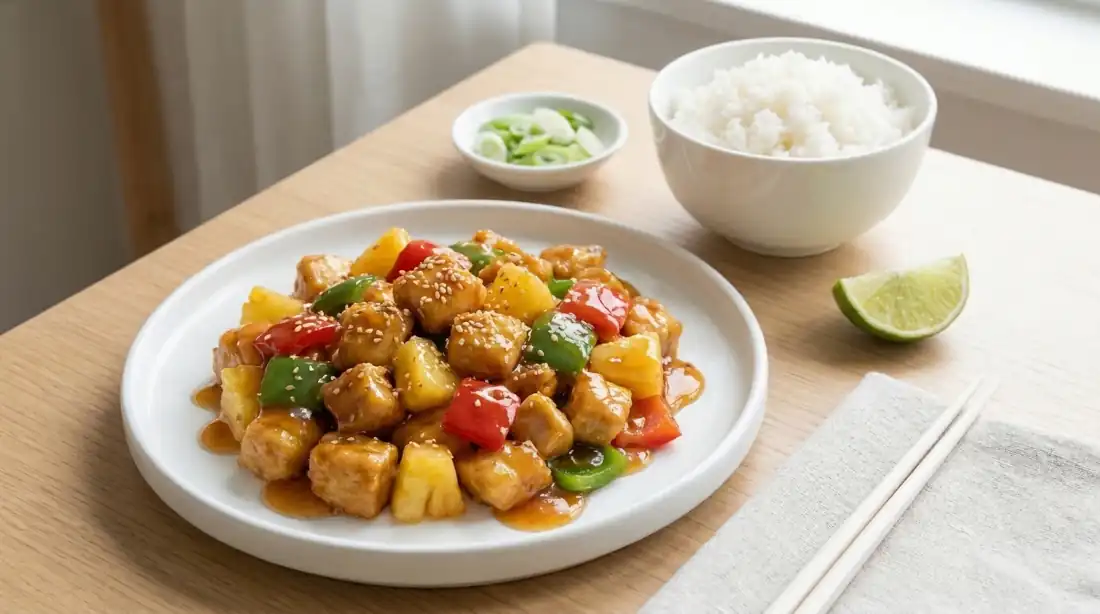 Pollo a la cantonesa con piña y pimientos servido con arroz blanco
