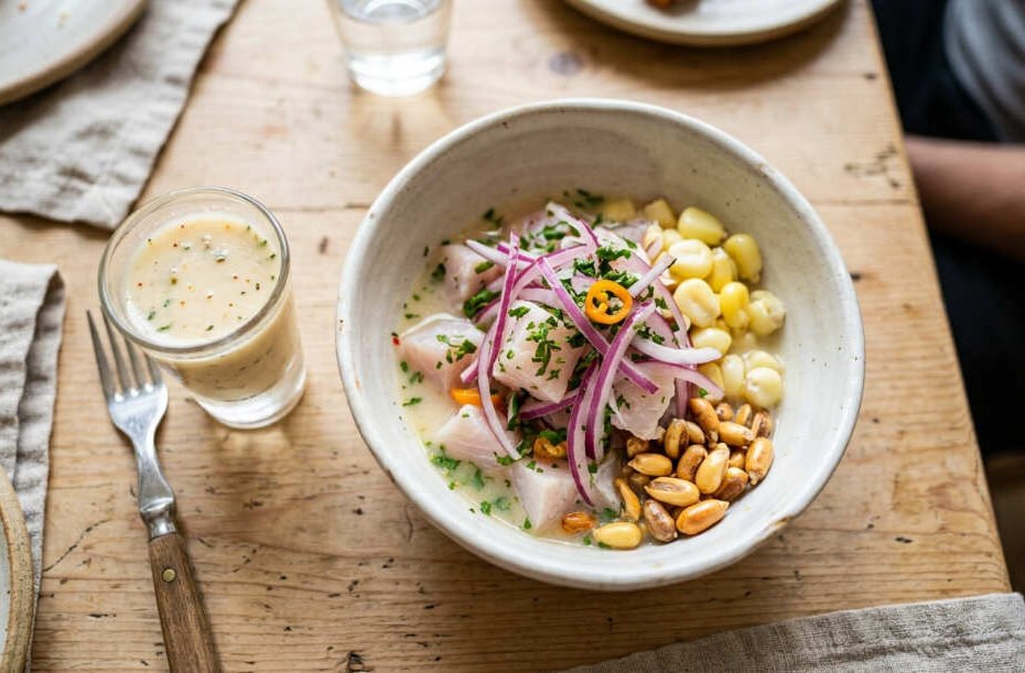 Ceviche con leche de tigre peruano recién preparado