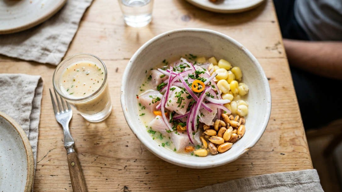Ceviche con leche de tigre peruano recién preparado