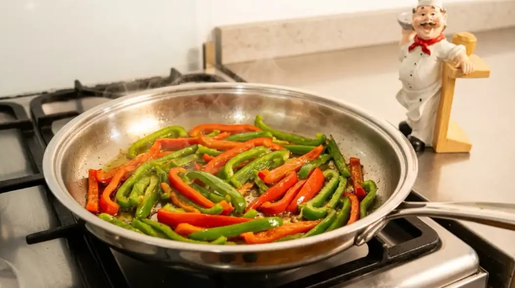 Pimientos rojos y verdes salteándose en sartén de acero