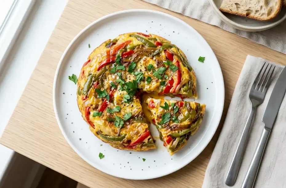 Tortilla de dos pimientos jugosa recién hecha en plato blanco