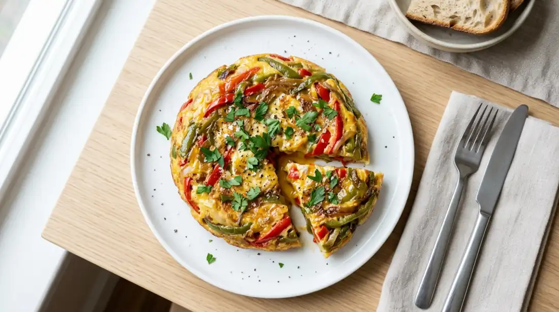 Tortilla de dos pimientos jugosa recién hecha en plato blanco