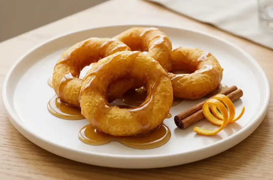 Picarones peruanos caseros con miel de chancaca en plato blanco