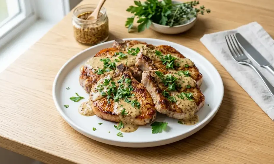 Chuletas de cerdo con salsa cremosa de mostaza recién servidas