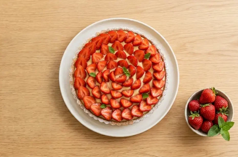 tarta de fresas con crema pastelera y base horneada a ciegas