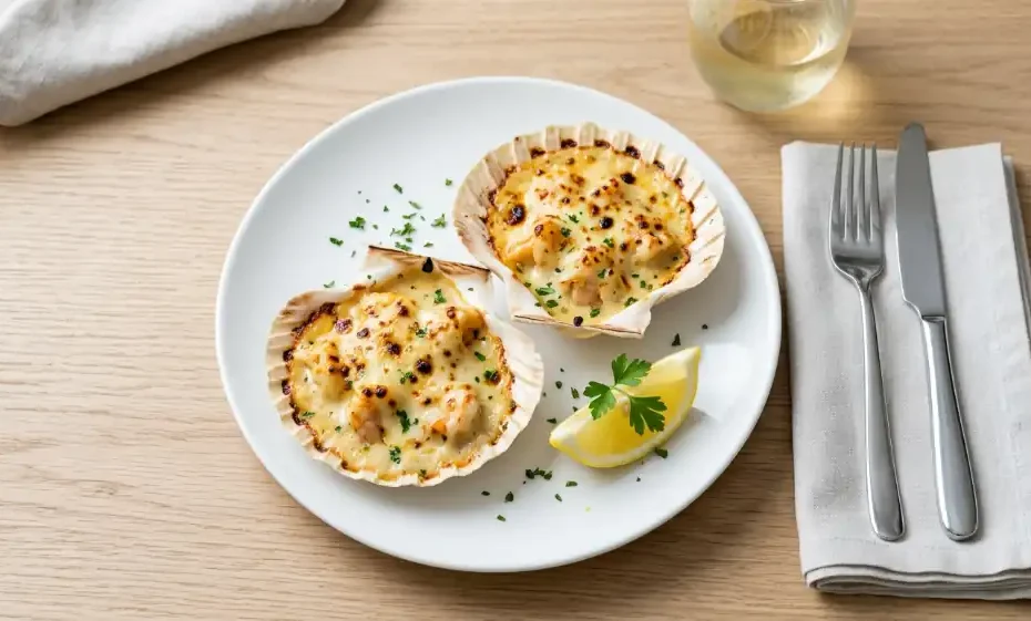 Langostinos al Thermidor gratinados con salsa cremosa y queso dorado