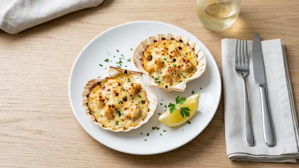 Langostinos al Thermidor gratinados con salsa cremosa y queso dorado