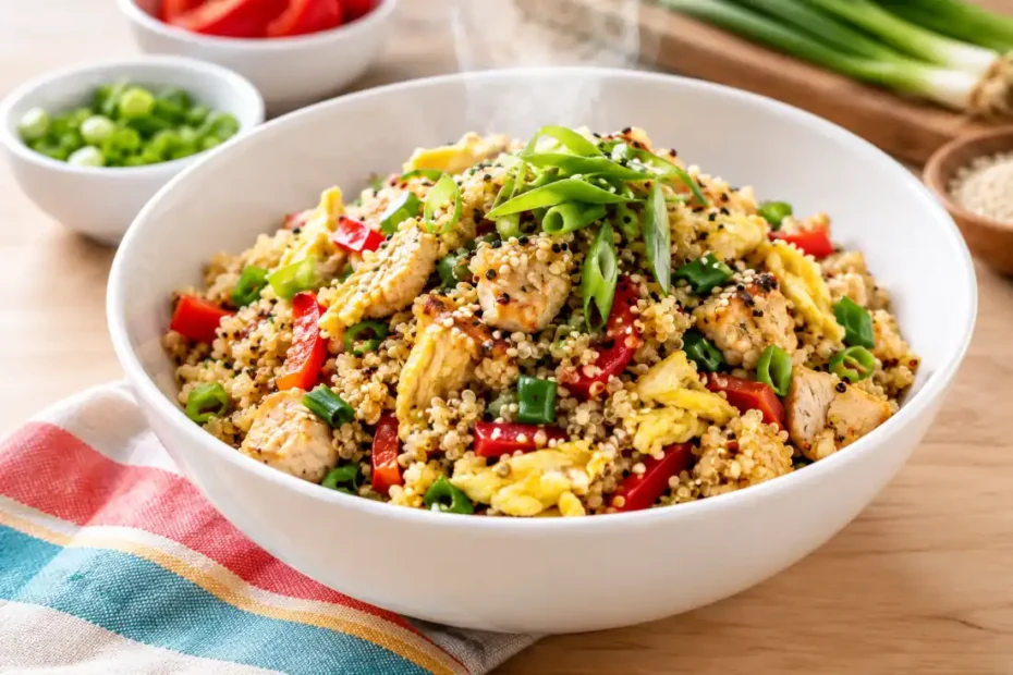 Chaufa de quinua con pollo servido en plato blanco con cebolla china