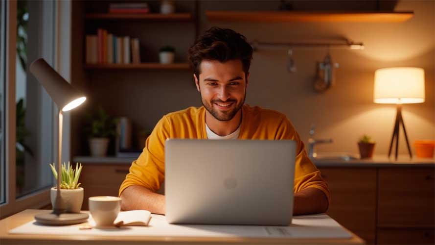 Joven universitario y emprendedor cerrando ventas desde su laptop en casa