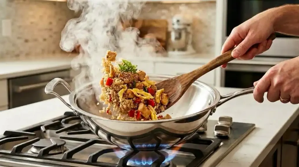 Salteando el chaufa de quinua con pollo en wok de acero inoxidable