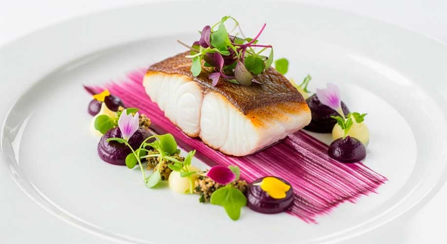 Emplatado elegante filete de pescado sobre pincelada. Técnicas Michelin que puedes aplicar en casa.
