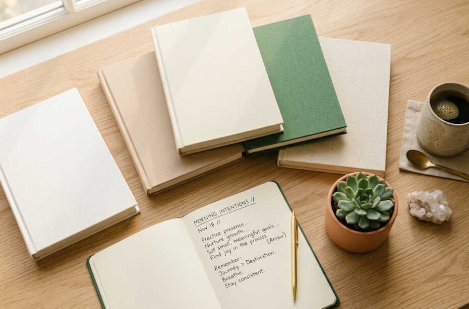 Los mejores libros de autoayuda sobre una mesa de madera con cuaderno y café — selección 2026