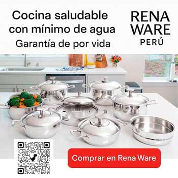 Batería de cocina Rena Ware Perú en acero inoxidable; cocina saludable con mínimo de agua; botón rojo “Comprar en Rena Ware”