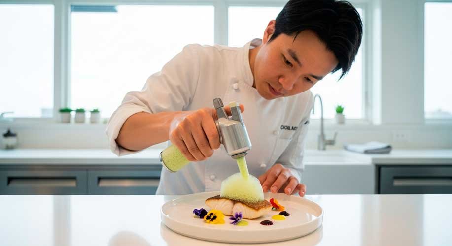 chef aplicando espuma sobre un filete de pescado