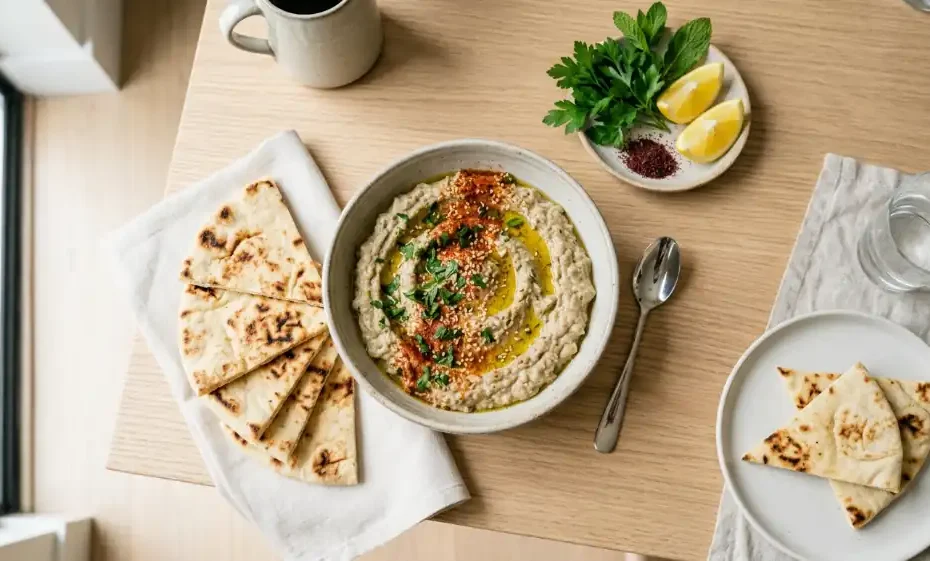 Puré de berenjena baba ganoush servido con pan pita y aceite