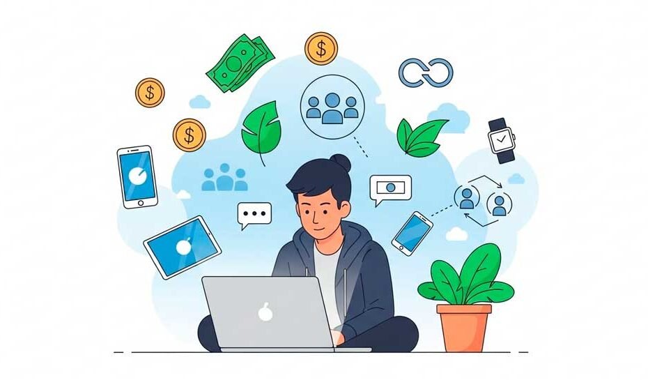 Ideas de emprendimiento. Una ilustración moderna y minimalista de un joven emprendedor frente a una laptop
