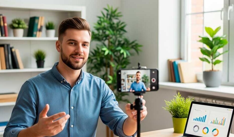 Emprendedor creando contenido de marketing desde casa para atraer clientes.