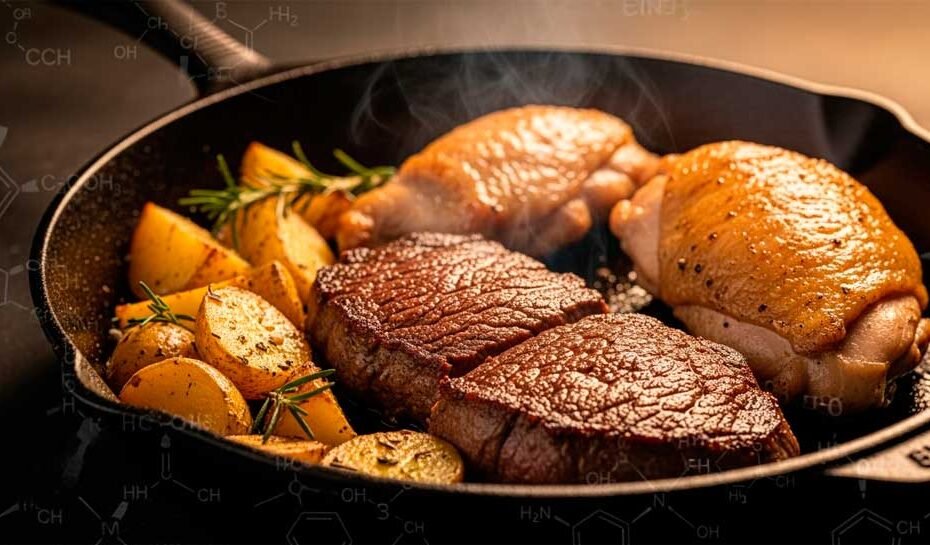 Reacción de Maillard: close-up de una sartén de hierro con un filete sellado, piel de pollo dorada y papas rostizadas con costra