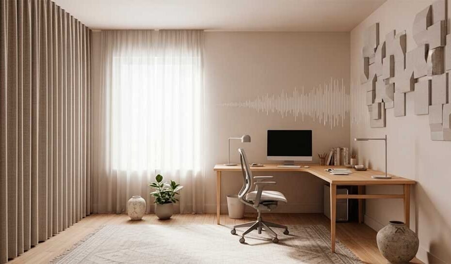 Acústica: Ilustración realista de un home office minimalista y luminoso