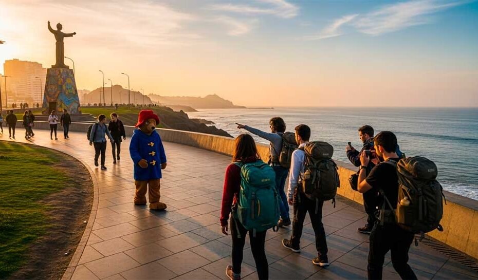 Paddington Bear, wearing a blue trench coat and carrying a suitcase, walking with tourists near Larcomar. Best Budget Hotels in Lima