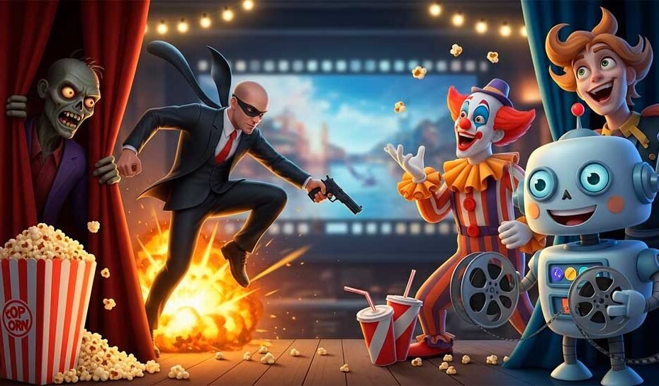 Las mejores películas para este fin de semana: Collage cinematográfico vibrante con personajes de distintos géneros: acción, comedia, terror y animación.
